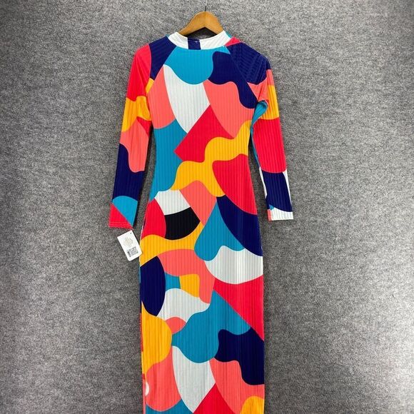 New Candy Girl Dress Women S Small Blue Geometric Maxi Long Cotton Long Sleeve - Picture 3 of 11